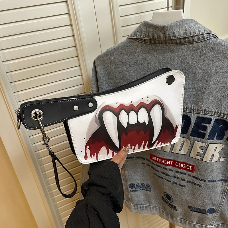 

Halloween Funny Bag Ghost Teeth Print Creative Knife Shape Crossbody Bag Lady Girls Cute Zipper Purse Skull Gothic Shoulder Bag