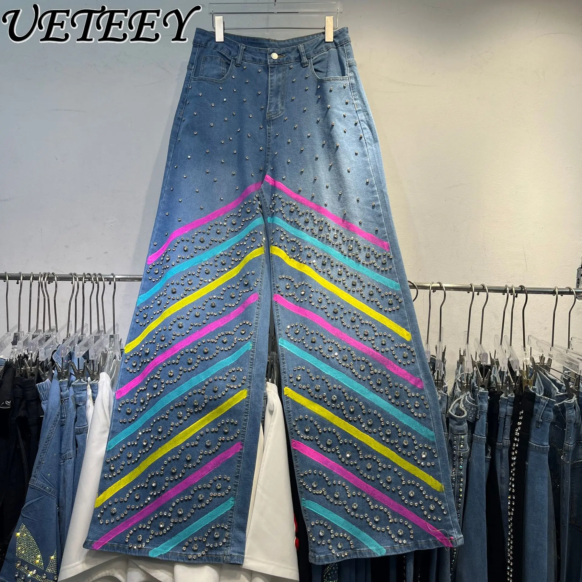 Damskie szerokie spodnie jeansowe w stylu europejskim z kryształkami, blokami kolorów i prostymi nogawkami, wytrzymałe długie spodnie, pantalon damski.
