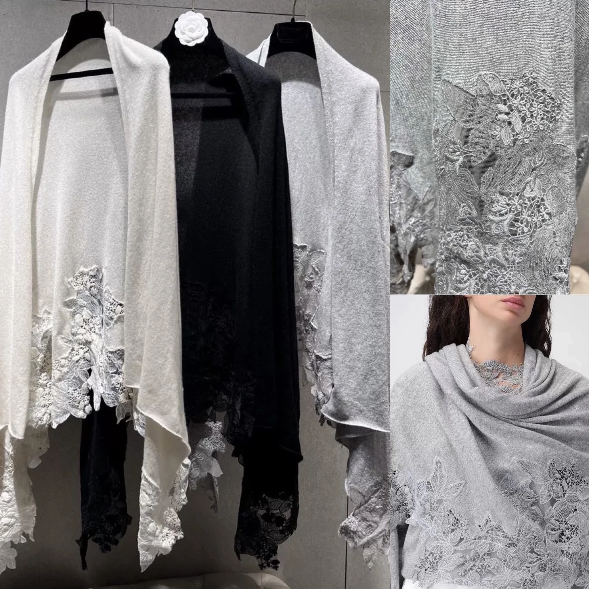 ⁠Autumn Pure Cashmere Scarf Women Luxury Grey Embroidered Lace Shawl Wrap Warm Knit Cardigan Cape Elegant Runway Evening Poncho