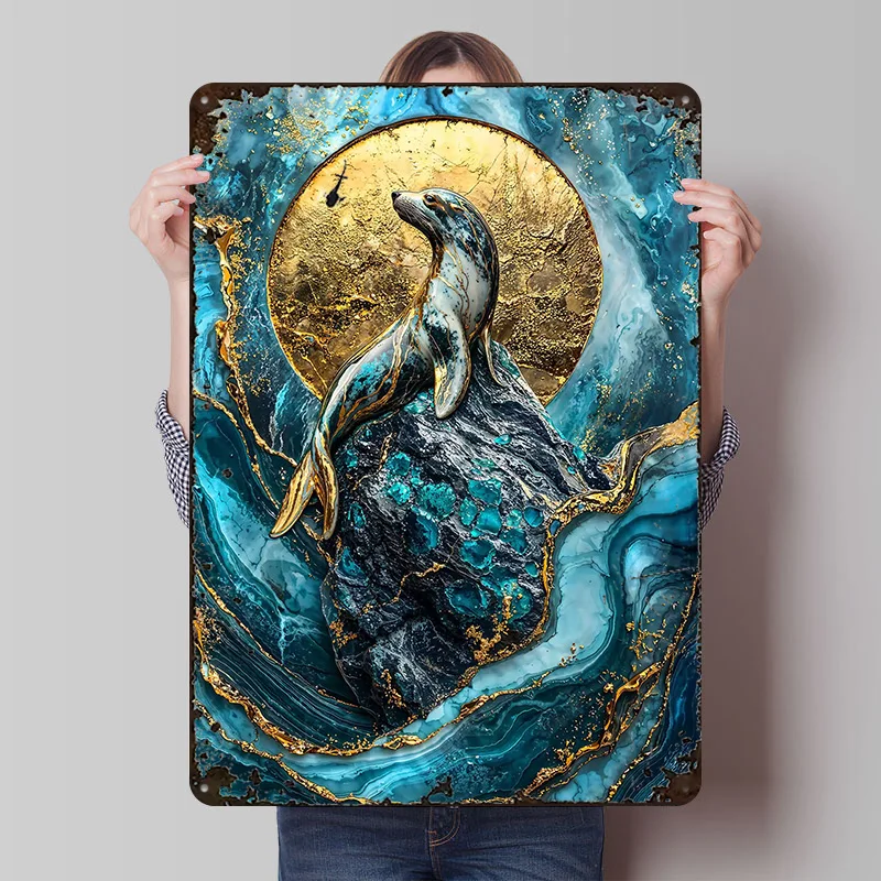 Golden Majesty of the Waves Printed Posters Customizable Wall Art Retro Vintage Metal Tin Signs for Home Room Setup Decorations