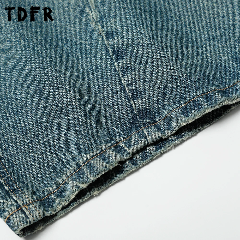 Vaqueros desgastados lavados con efecto bigote para hombre, ropa de calle Retro, pantalones vaqueros de pierna ancha empalmados sueltos para hombre