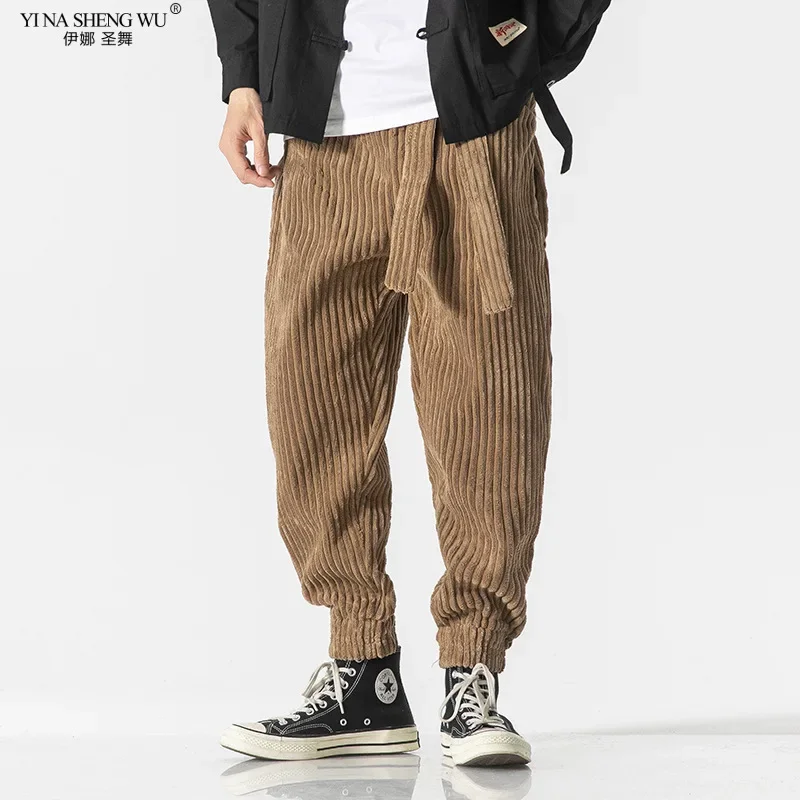 

Новые зимние японские мужские вельветовые шаровары с поясом, повседневные спортивные штаны Kinono для бега в стиле хип-хоп, уличные мужские большие размеры M/5XL