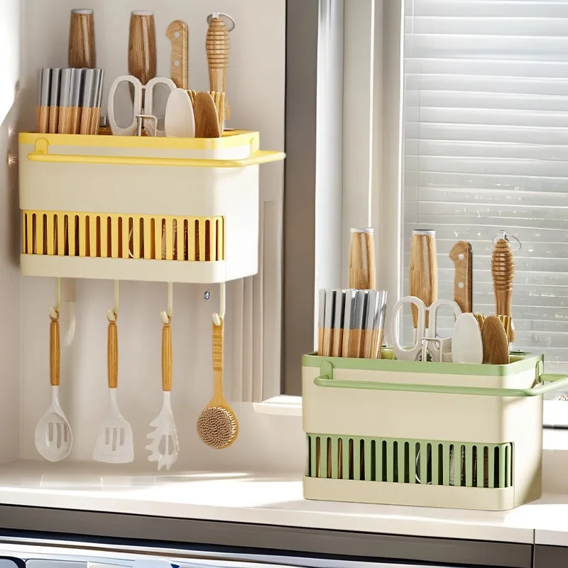 

Kitchen Utensil Chopstick Storage Rack with Hook Drainage Rack Wall Mounted Tableware Storage Box Kitchen Organizer