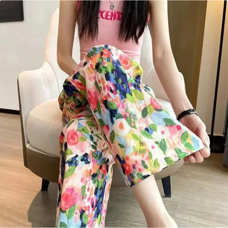 Women New Summer Pants Beach Vacation Wide Leg Pants Multi Color Printed Trends Pants
