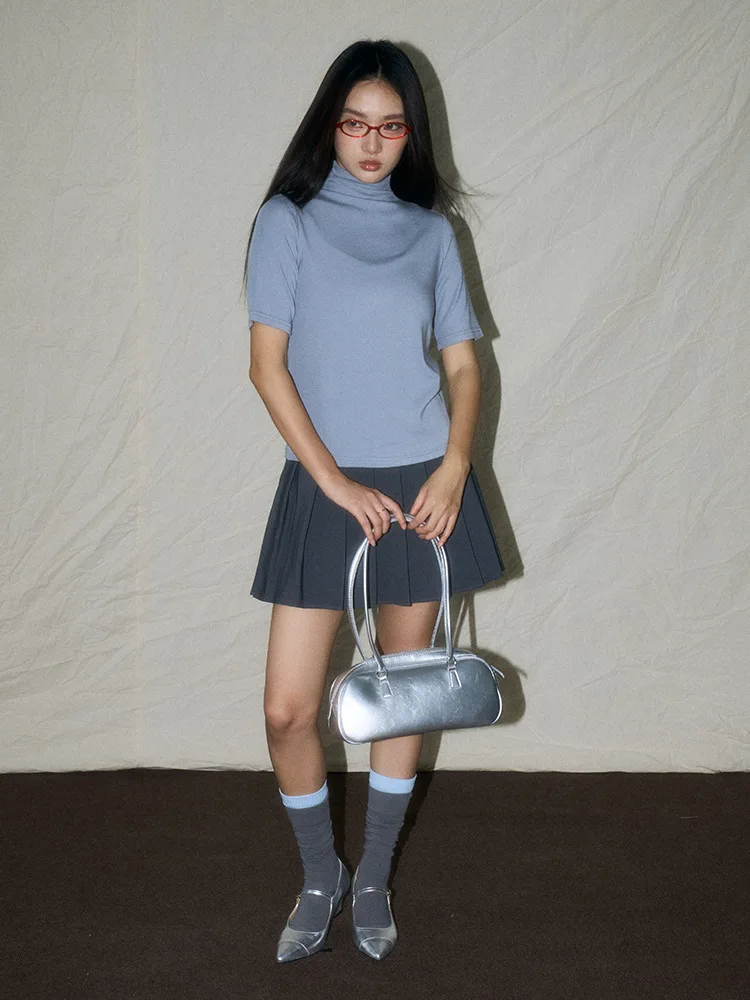 Korean retro high-waisted Gray pleated A-line skinny culottes go with everything kilt