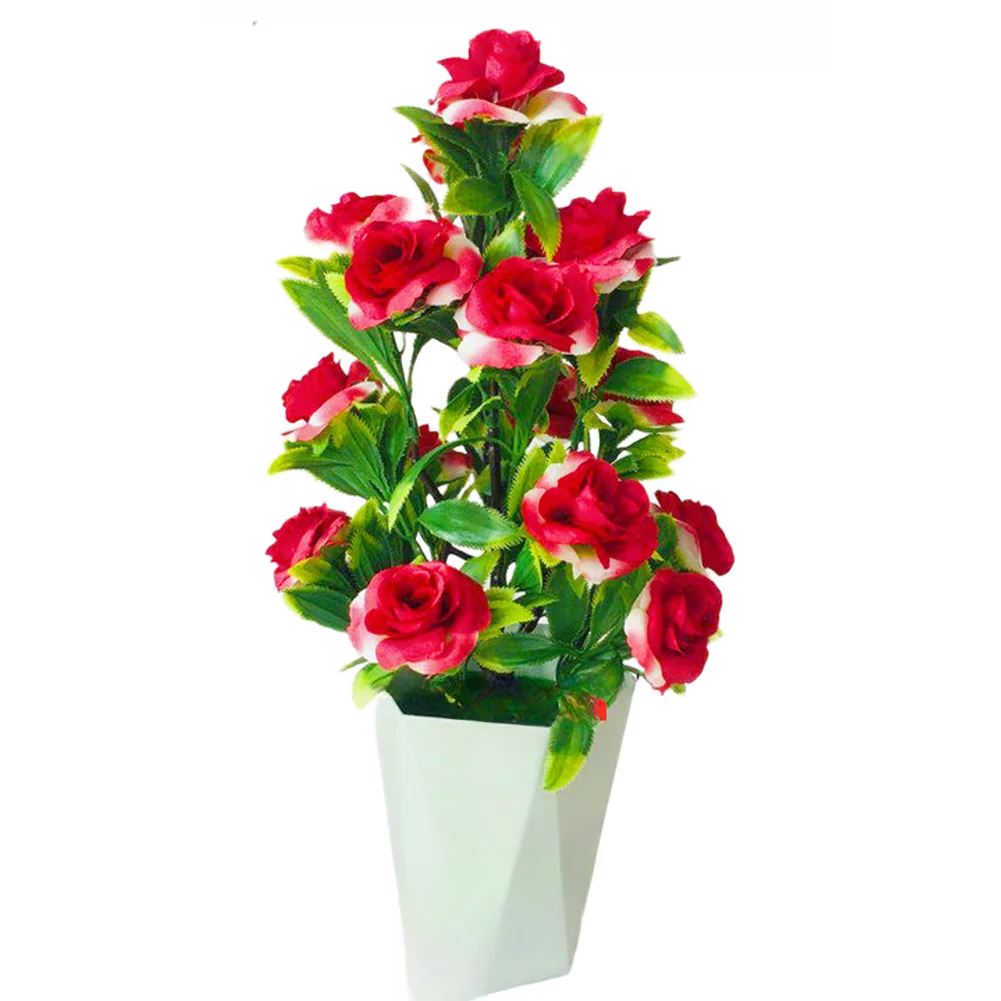 17-Unit Artificial Bonsai Featuring Silk Roses and Consistent Leaf Detailing in Plastic Pot for Continuous Display