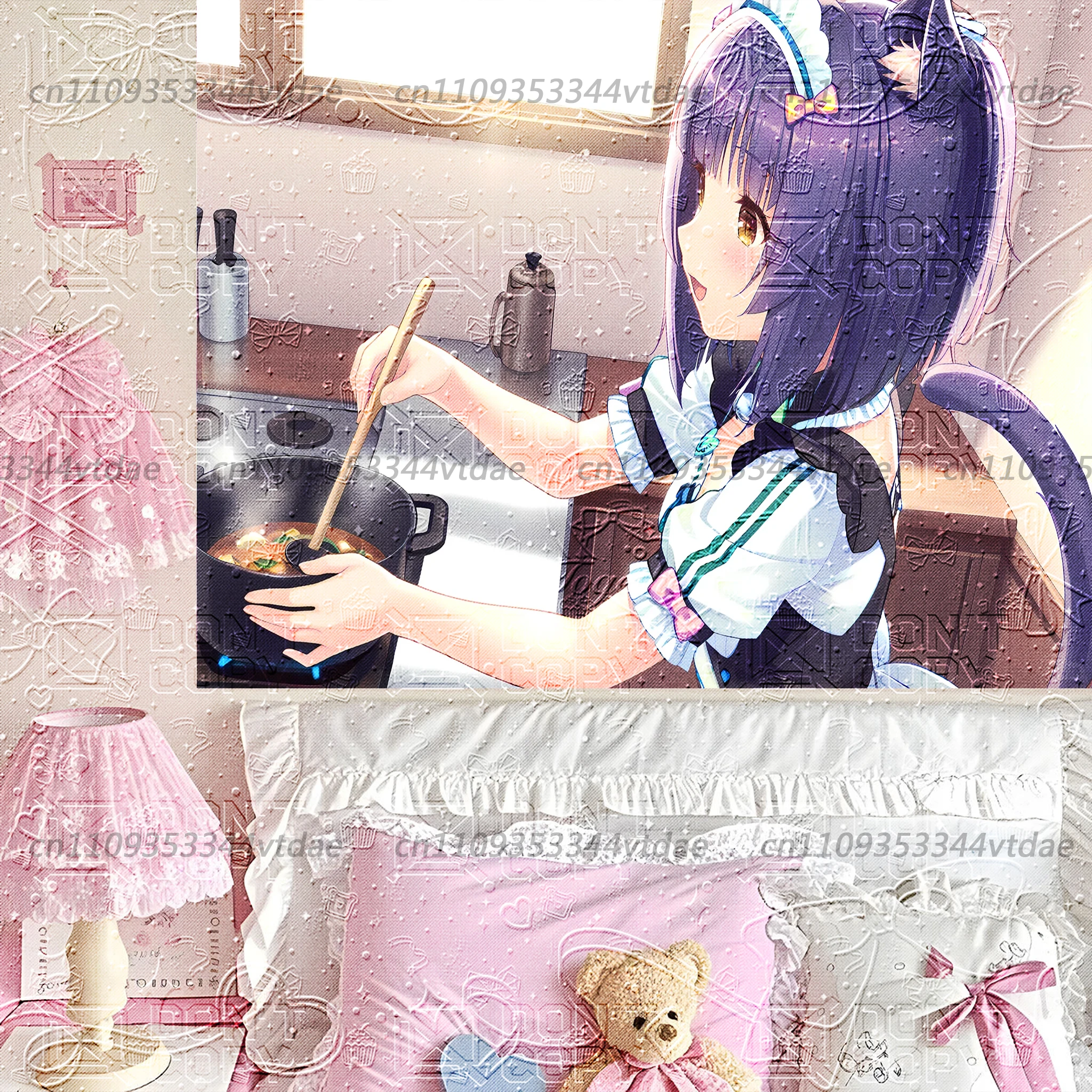 Vintage Dessert Nekopara Tapestry, Black & White Hair Cat Girls Chocola Vanilla Wall Hanging, Aesthetic Room Background Cloth