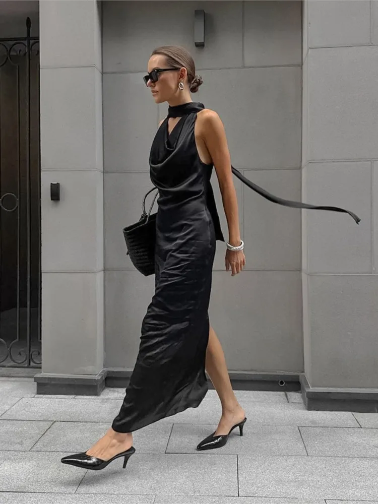 

Dresses 2025 Woman Evening Dress Temperament Elegant Hepburn Style Solid Color Halter Neck Holiday Fashion Trendy Slim Fashion