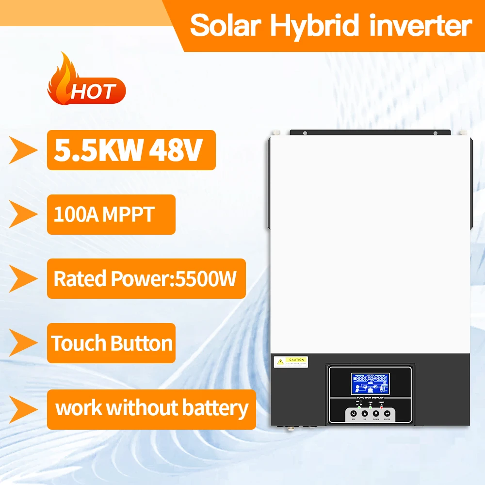 5500W Off Grid Hybrid Solar Inverter PV Input 48VDC Grid 230VAC 100A MPPT Charger Controller Work Without battery