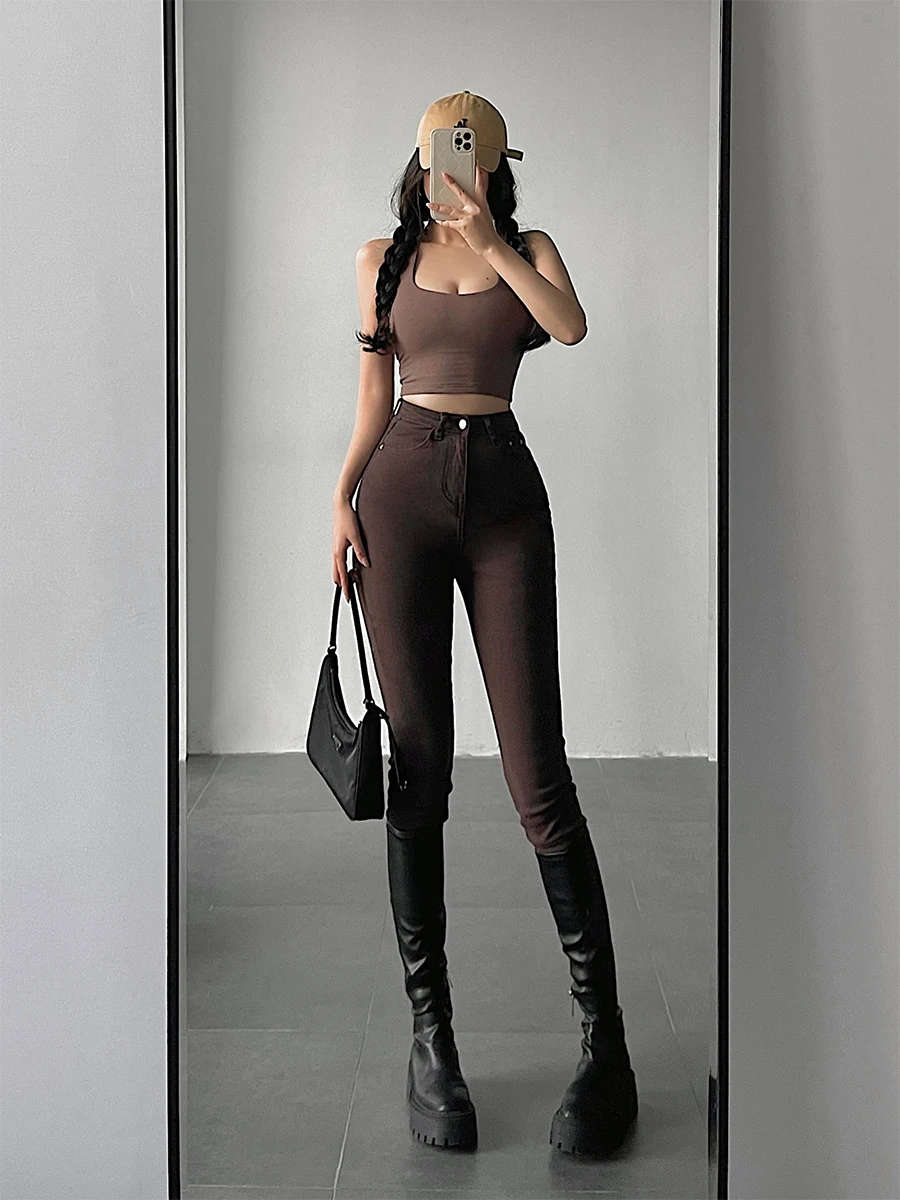 

High Waist Slim Fit Elastic Butt Lifting Pure Color Versatile Skinny Jeans Pencil Pants for Young Girls Spring Season