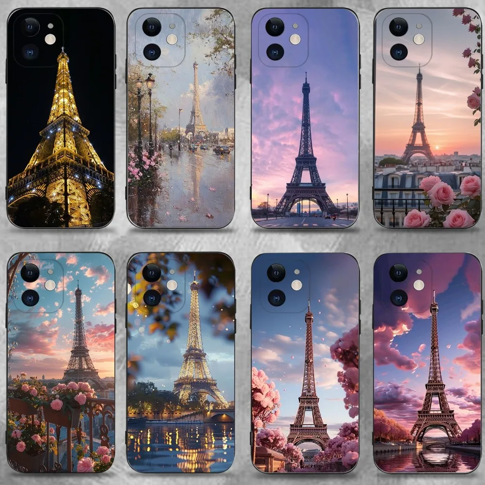 

Paris Eiffel Tower Phone Case For iPhone 16,15,14,13,12,11 Plus,Pro Max,XS,X,XR,SE,Mini,8,7,Soft Silicone Black Cover