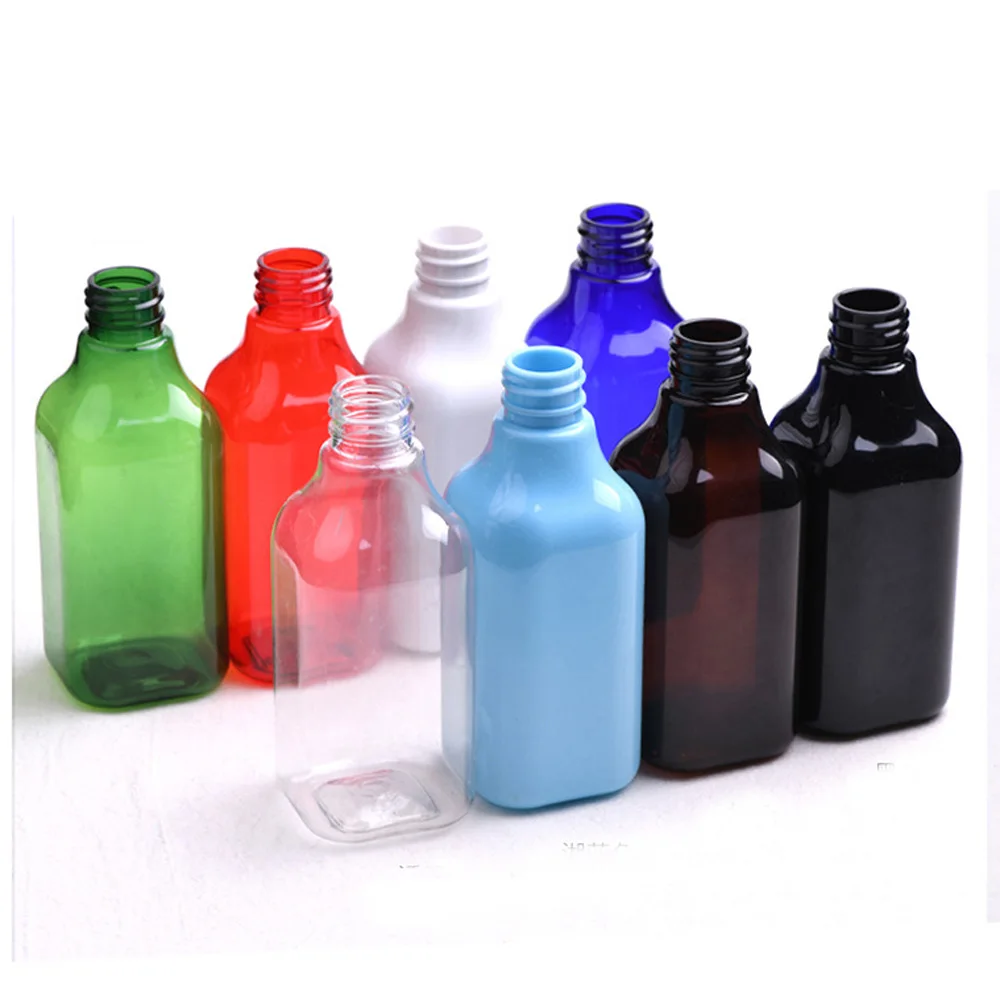 200ml 8 color available square long neck shape Refillable Squeeze PET Portable plastic lotion bottle with black color pump