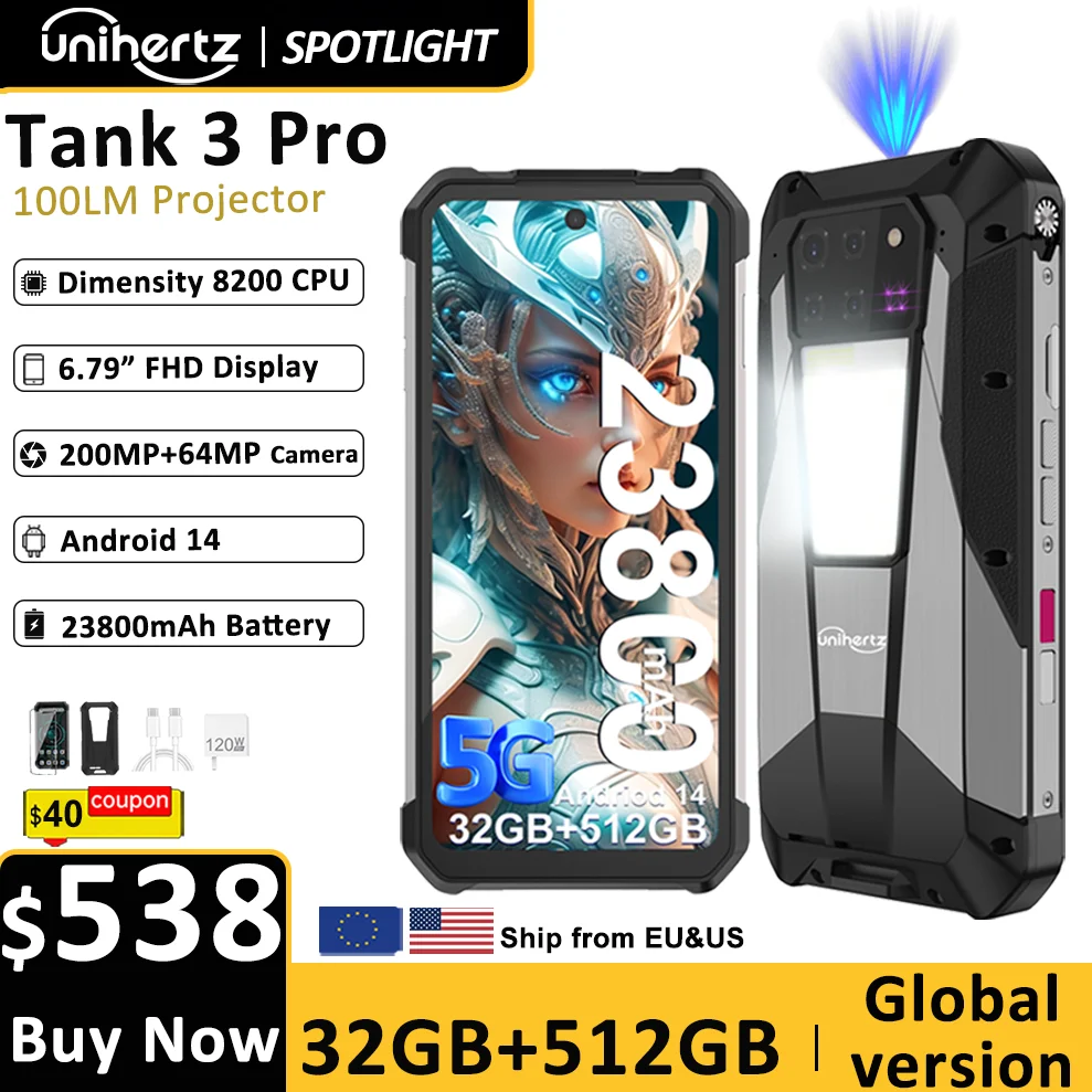 Unihertz Tank 3 Pro 8849、100 ルーメン 120Hz プロジェクター、32GB/36GB RAM、512GB ROM、23800mAh 120W 高速充電器、5G、200MP カメラ付き