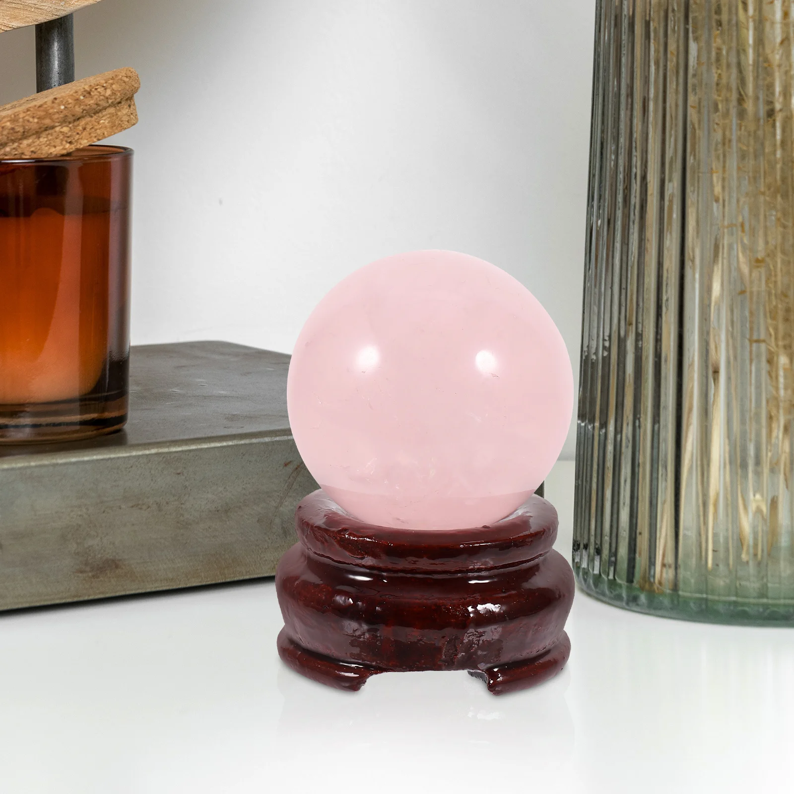 1 pz sfera di cristallo rosa 4 cm con base in legno sfera di vetro ornamento per la decorazione domestica camera da letto soggiorno ufficio decorazione festa regalo