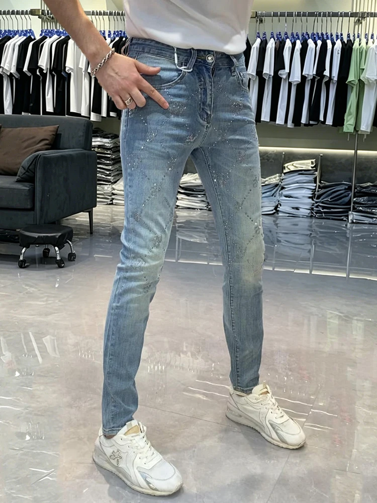 Fashionable Luxury Rhinestone Slim Fit Jeans Men's Summer Trendy High Waist Cotton Stretchy Comfortable Breathable Slimming