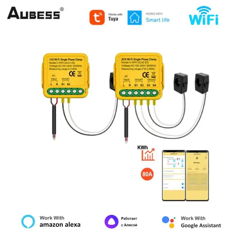 

AUBESS Tuya WiFi Energy Meter 80A With Current Transformer Clamp KWh Power Monitor 110-230V Electricity Statistic Smart Life APP