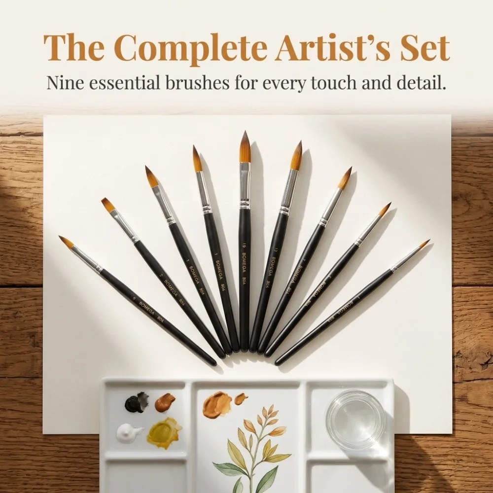 9PCS Pointed Tip Paint Brushes Set Wooden Handles Multi-Purpose Gouache Brush Nylon Hair Paint Brushes Fine Line Outlining