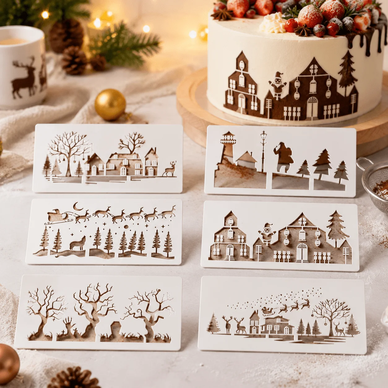 Christmas Scene Hollow Cake Stencil, Santa Haunted House Dead Tree Template, Food‑Grade Frosting Decor & DIY Handcraft Tool