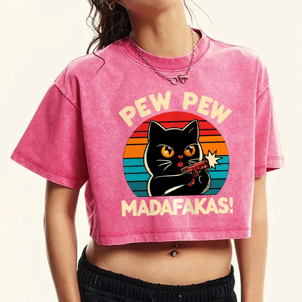 Pew Pew Shooting Cat Cartoon Printed Washed T-Shirt Women Cotton Soft Retro Short Sleeve Crewneck Clothes Summer Casual T Shirts