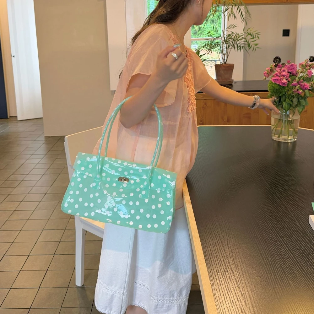 Women Y2K Polka Dots PVC Jelly Firkin Shoulder Bag Flap Top Handle Briefcase Handbag Cute Transparent Summer Beach Tote Purse