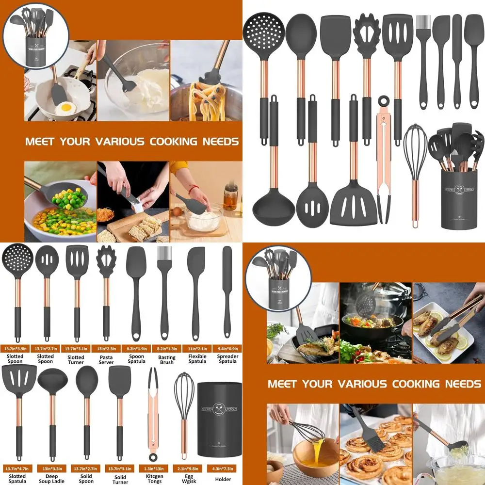 

Набор кухонной утвари из 15 предметов с антипригарным покрытием и ручками из розового золота — серый венчик в комплекте