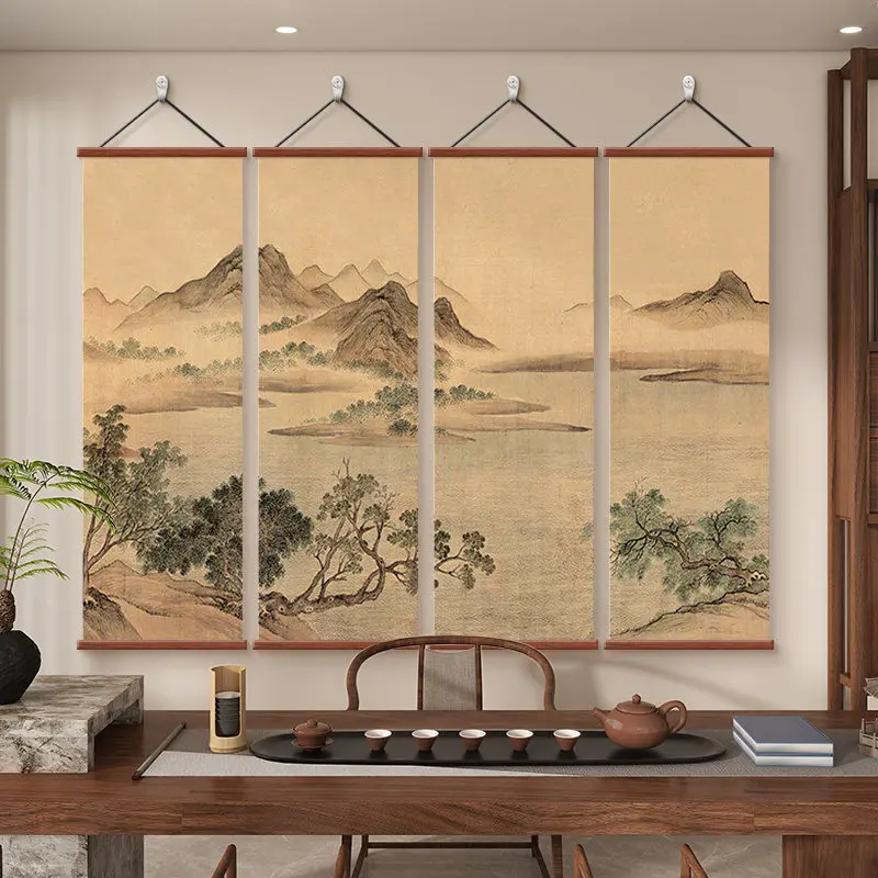 Chinese Vintage Lake Mountain Spring Scroll Hanging, Song Style Landscape Art, Tea Room Private Room Study Wall Decor