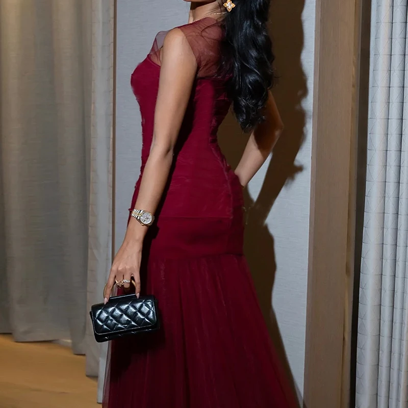 

Новое летнее платье без рукавов, однотонное, длинное, повседневное, с круглым вырезом, женское, для вечеринок, с сетчатыми вставками, с завышенной талией, вечернее платье