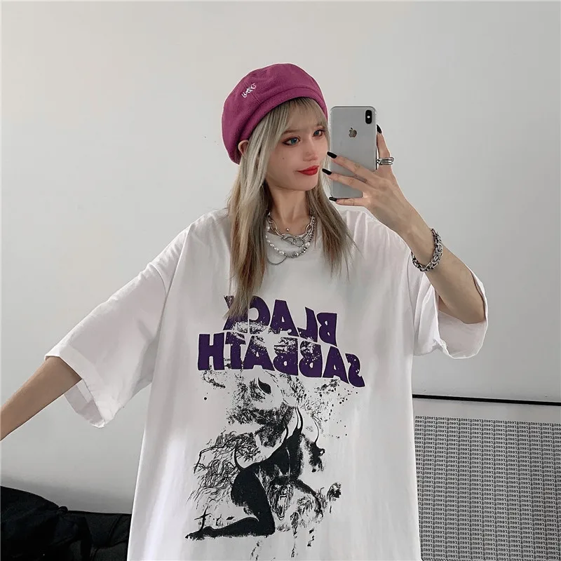 T-shirt w za dużym rozmiarze kobiety Y2K Grunge lato Goth kobiet T koszula kobiet luźny T-shirt Y2k druku główna ulica topy ubrania w stylu Harajuku