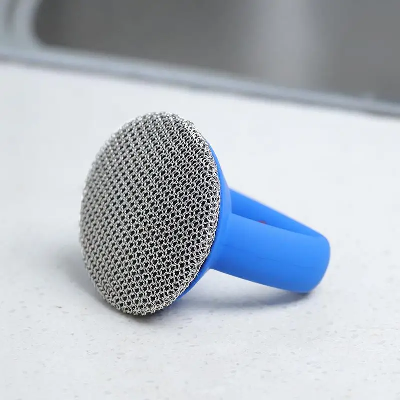 Stainless Steel Scrubber Nonslip Cleaner Scrubber Palm Clean Brush With Handle Steel Scrubber Round Chainmail Scrubber Brush