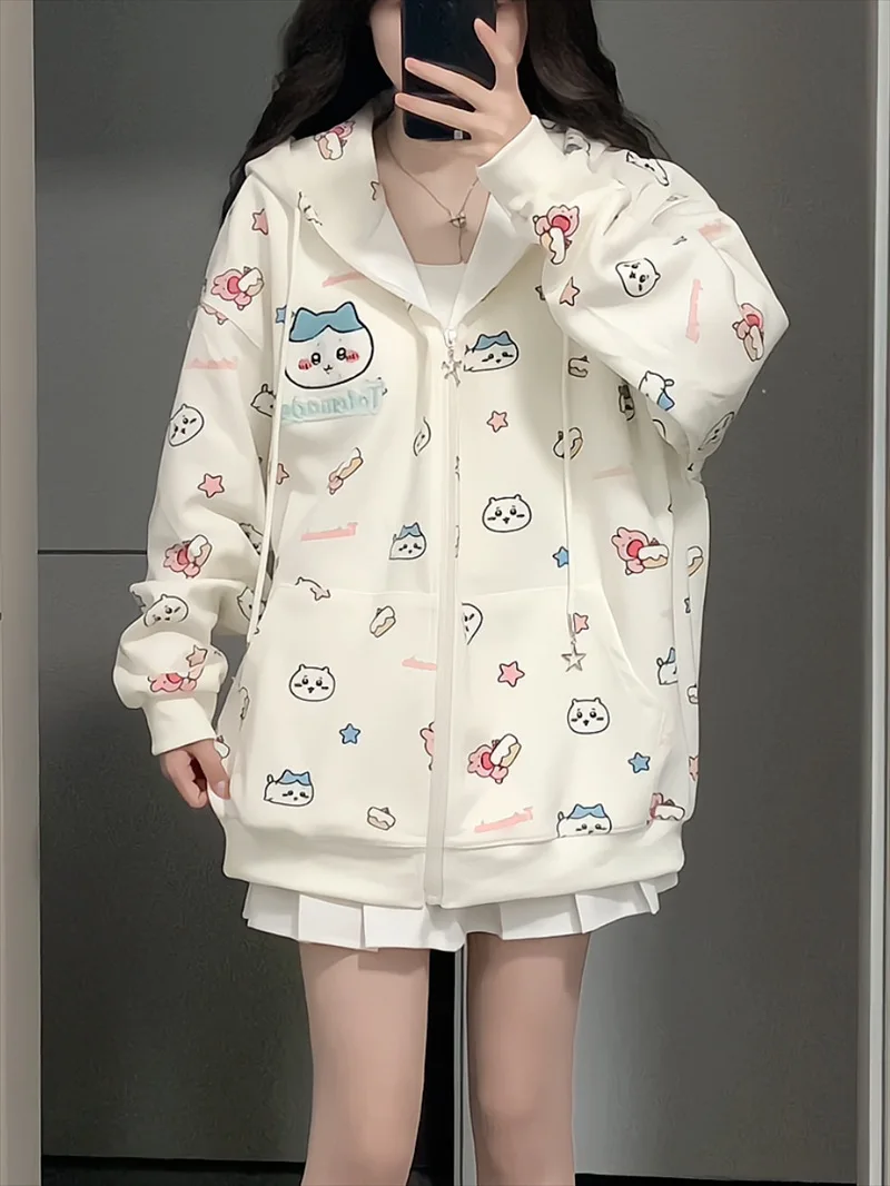 Hachiware Anime Sweet Girl's Jacket Outfit Cartoon Print Cardigan Hoodie Cotton Girls Coat Japanese Loose Casual Comfortable