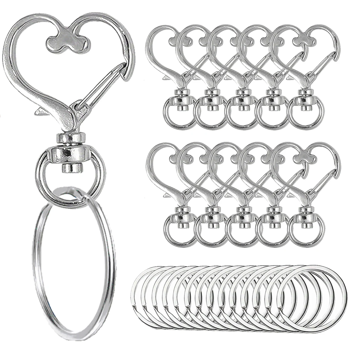 20/40/60 Stück herzförmige drehbare Karabinerhaken mit Schlüsselring, Metall-Schlüsselanhänger, geeignet für Schlüsselanhänger, Lanyards, Charms, Schmuck, DIY-Handwerk