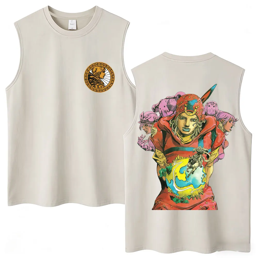 Anime JoJo Bizarre Adventure STEEL BALL RUN Gyro Zeppeli Washed Tank Tops Men's O-Neck Vests Oversized Cotton Sleeveless T-shirt view 6