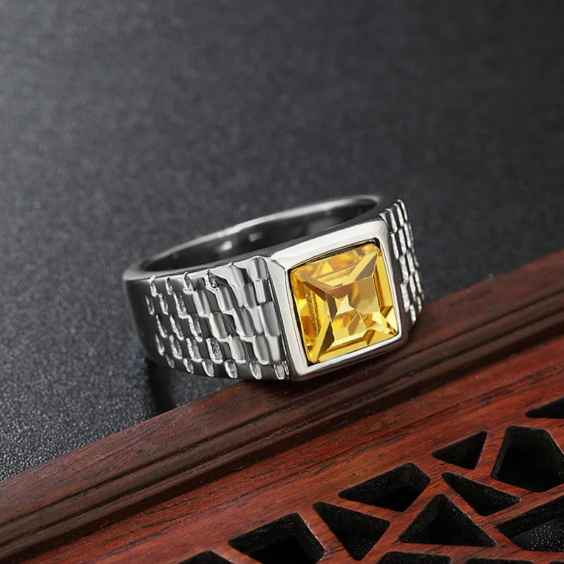 Punk Rock Titanium Steel Watch Strap Lines Natural Stone Square Finger Rings for Men Charm Jewelry Drop Shipping Size 7-12