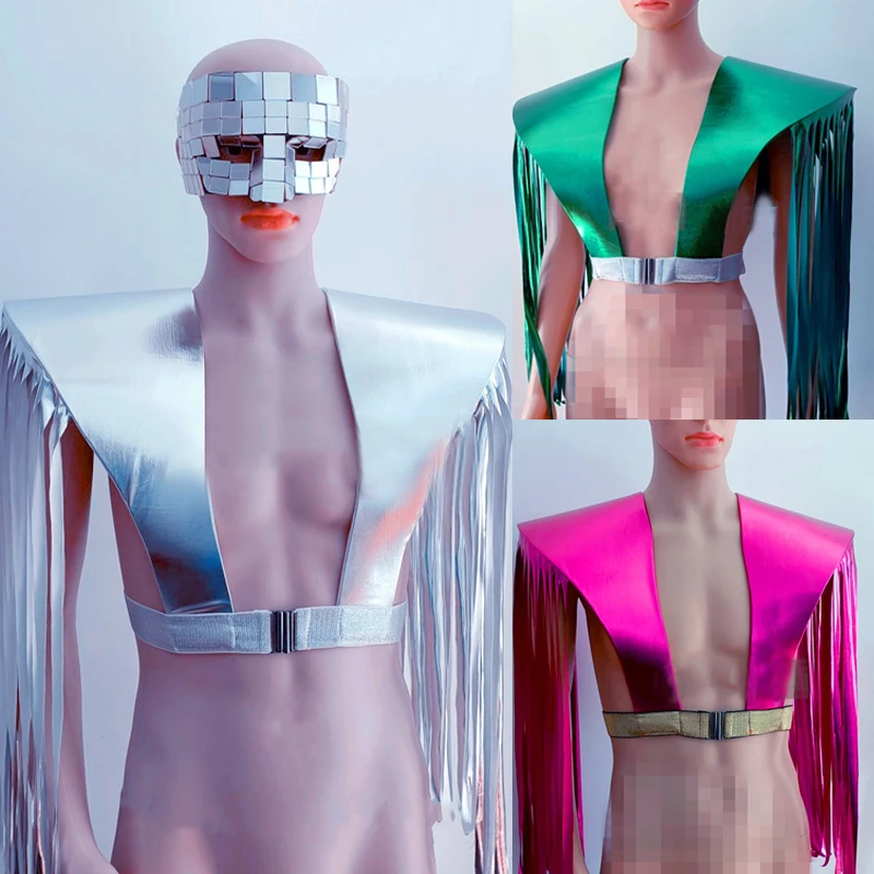 

Яркий лазерный жилет с бахромой на плечах для мужчин и женщин, комплект для танцев на пилоне, наряд для выступлений в ночном клубе, костюм Gogo, сценические аксессуары XS10258