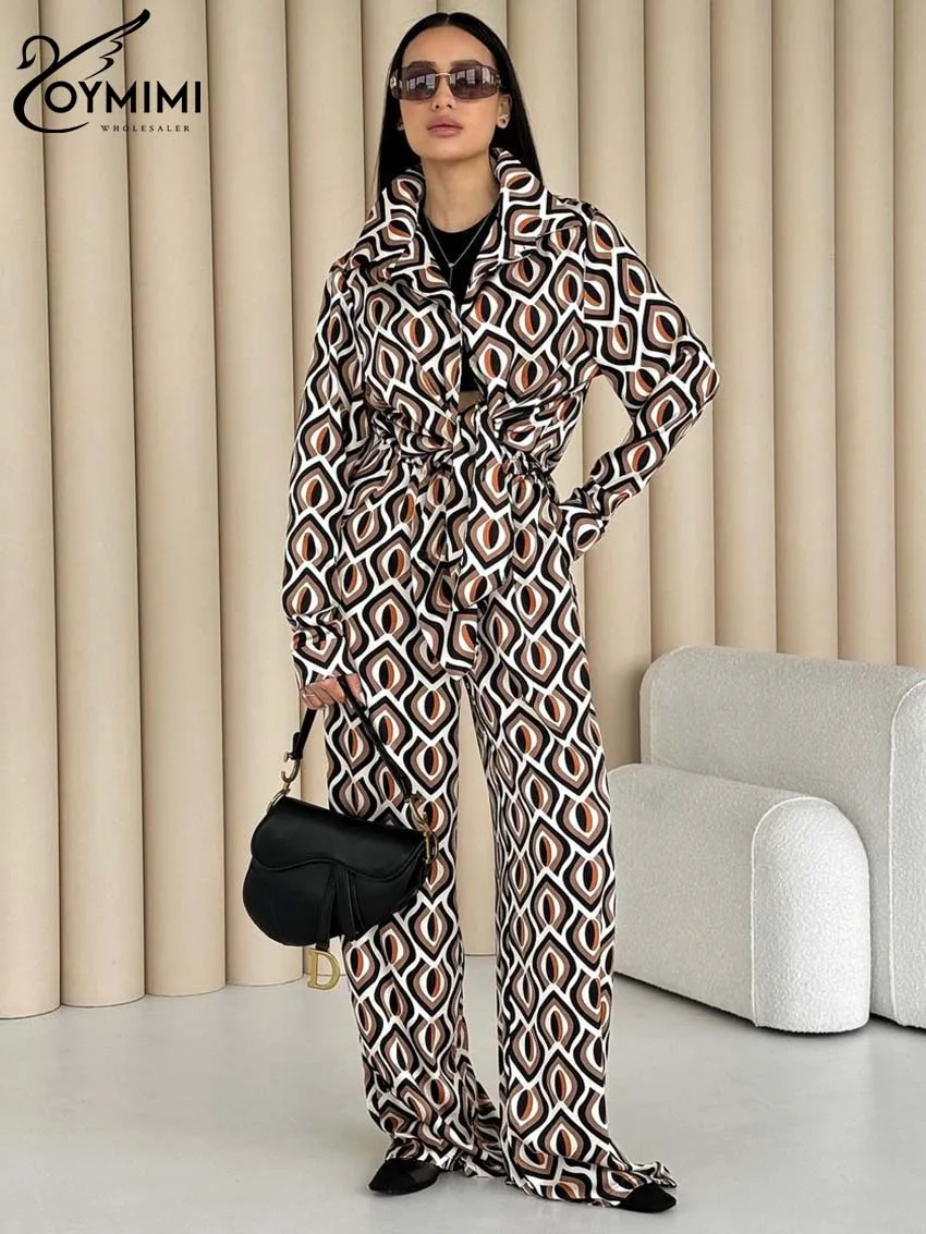 Oymimi Fashion Brown Print Two Piece Set For Women Elegant Lapel Long Sleeve Button Shirts And High Waisted Straight Pants Sets