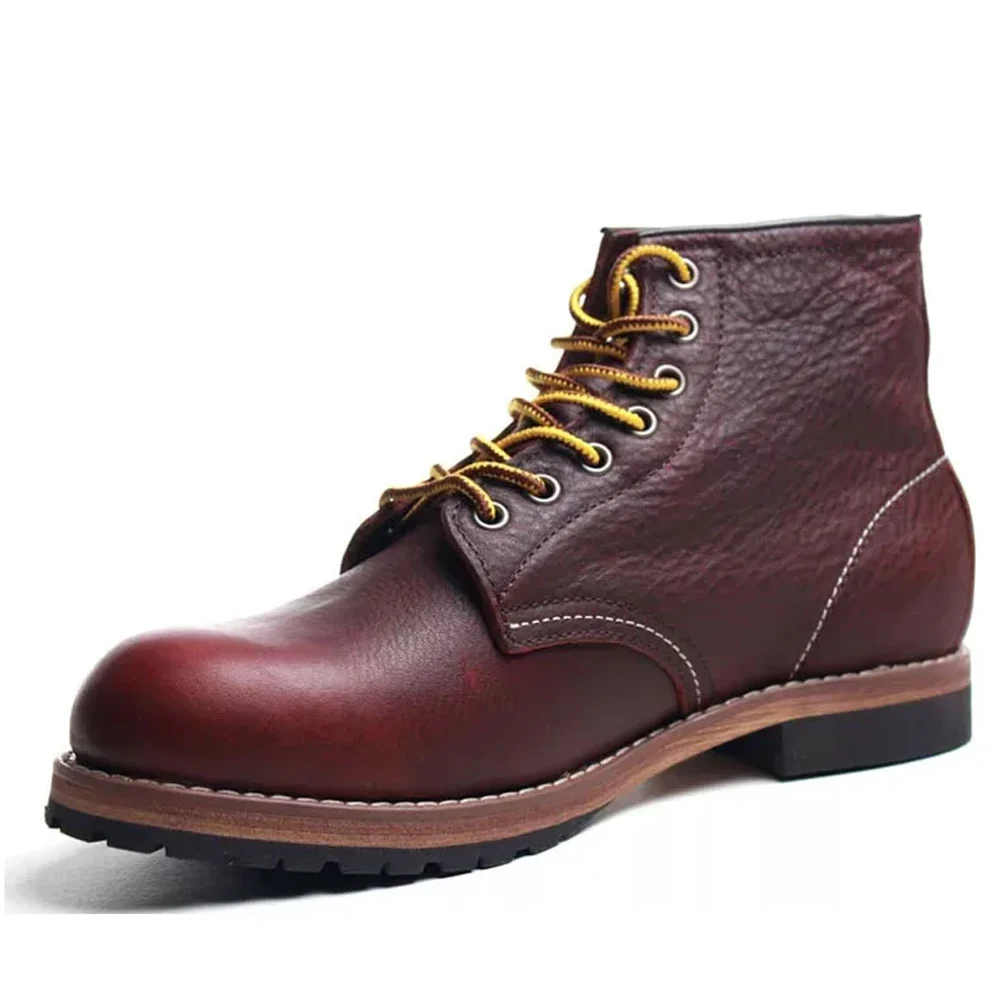 

Winter Vintage Genuine Leather Ankle Motorcycle Boots,Square top Men Casual Shoes Dress Work Red Western Punk Boots Slip Resist