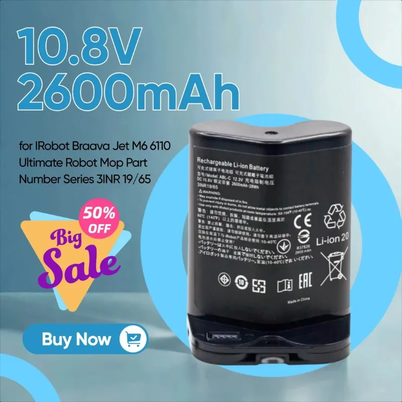 

10.8V 2600mAh ABL-C Vacuum Cleaner Li-Ion Battery for IRobot Braava Jet M6 6110 Ultimate Robot Mop Part Number Series 3INR 19/65