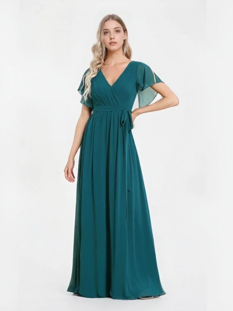 

Beshinel Customized Green V Neck Ruffles Sleeves Chiffon Dress A LINE Short Sleeve Floor-Length Wedding Party Bridesmaid Dresses