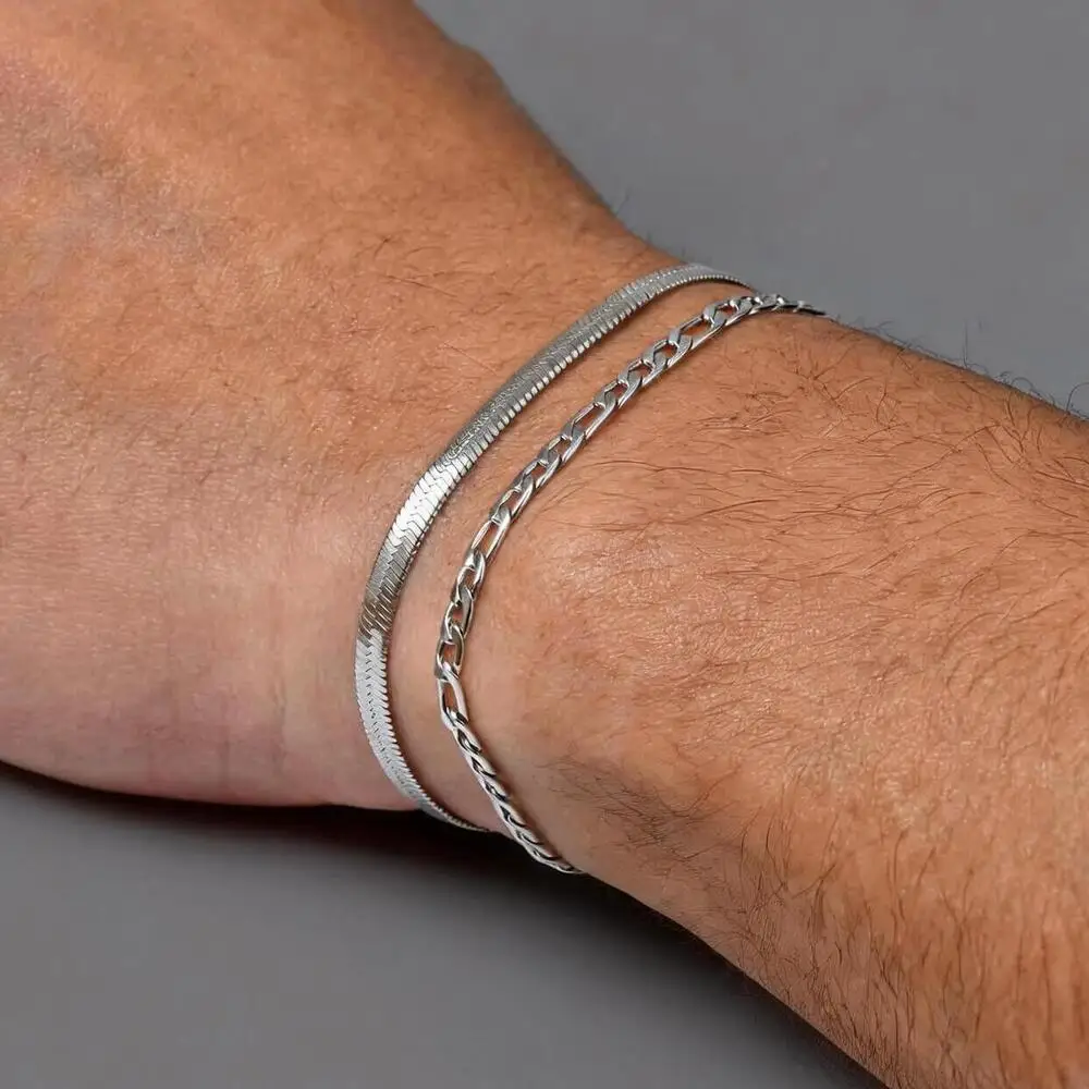 

2pcs Men's Flat Chain Bracelet,Silver Color Stainless Steel Adjustable Wristband,Minimalist Unisex Jewelry Gift