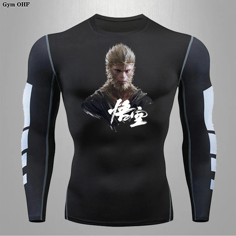 Men’s T shirt Gym Clothing  Anime Printed Long Sleeved Workout Fitness Compression Shirt Thin Tight Bottoming Sports T shirt Top