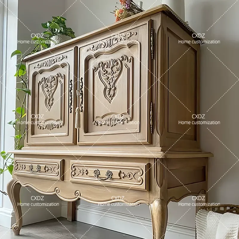 Solid Wood Dining Side Cabinet Retro Carved Two Door Storage Locker with Drawer for Living Room Customizable Furniture