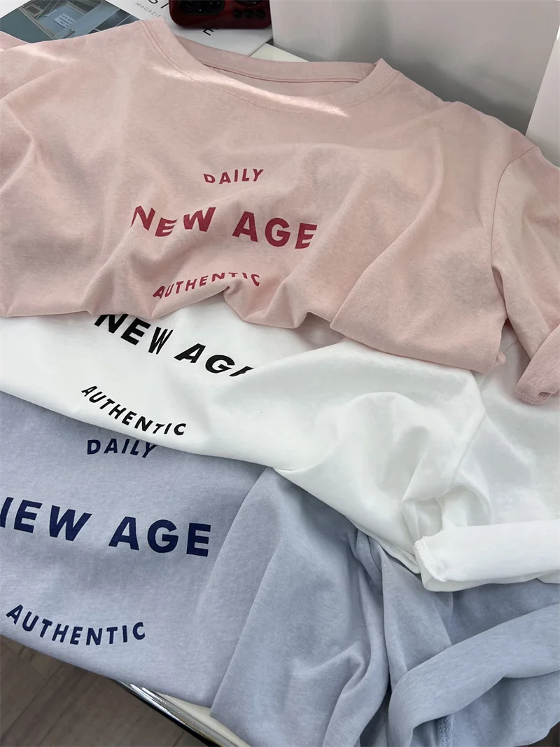 

Легкая дышащая футболка из ледяного шелка с коротким рукавом для женщин, летняя, свободного кроя, модная, с буквенным принтом, круглый вырез, в корейском стиле