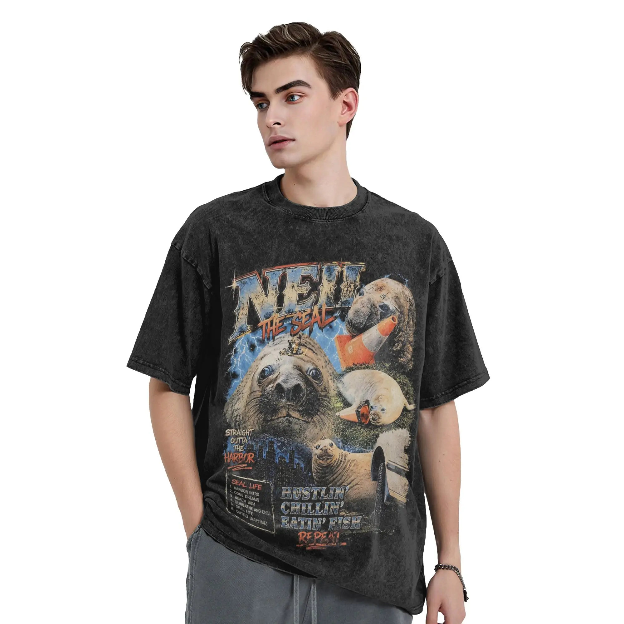 Neil The Seal Meme Washed T Shirt Streetwear Hip Hop Novelty T-Shirt  Tees Tops for Men Women Short Sleeve Harajuku Summer