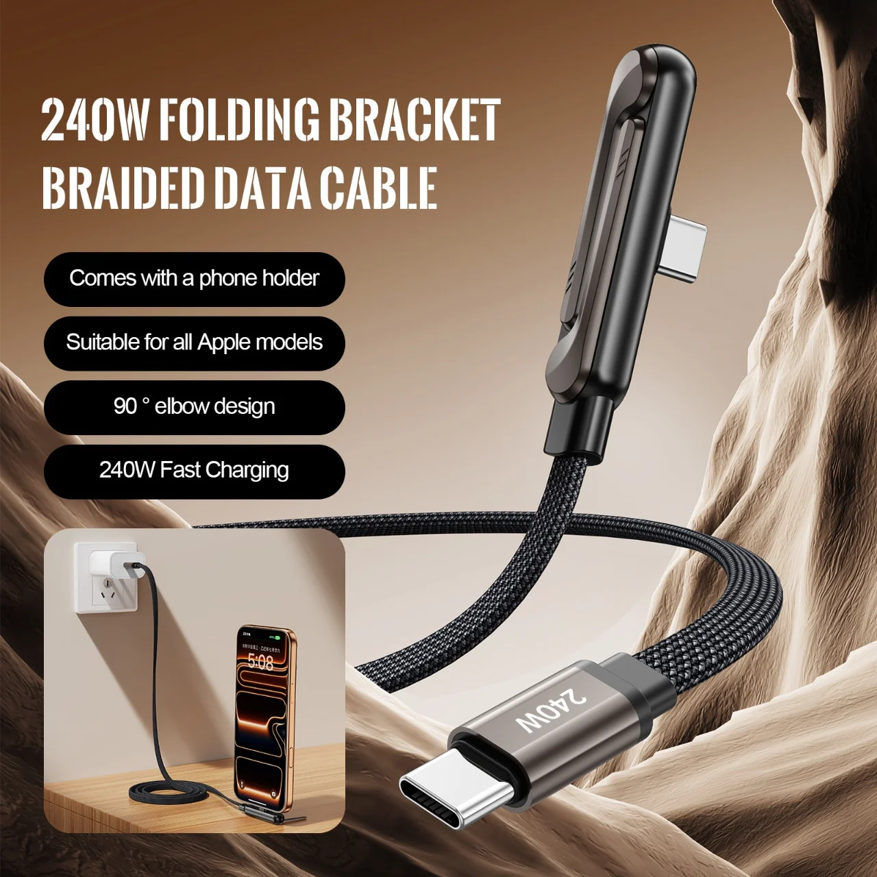240W PD Fast Charging Type C to Type C Cable USB A to Type C Cable with Foldable Stand Phone Holder for iPhone Xiaomi HUAWEI - view 2