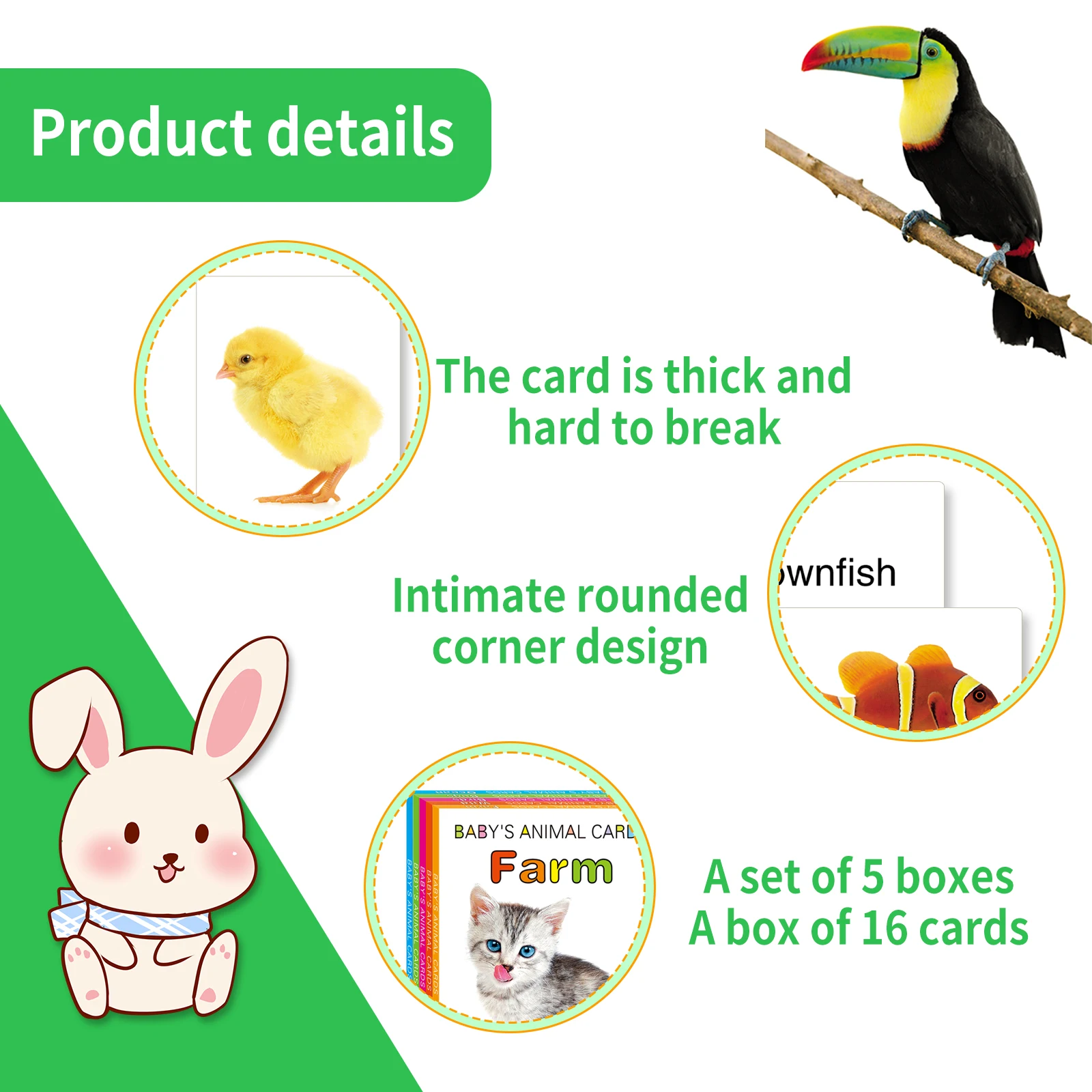 English Kids' Cognitive Animal Cards: Farm, Birds, Fish, Insects, Wild Animals, Ages 2-5, Colorful, Names on Back, Educational