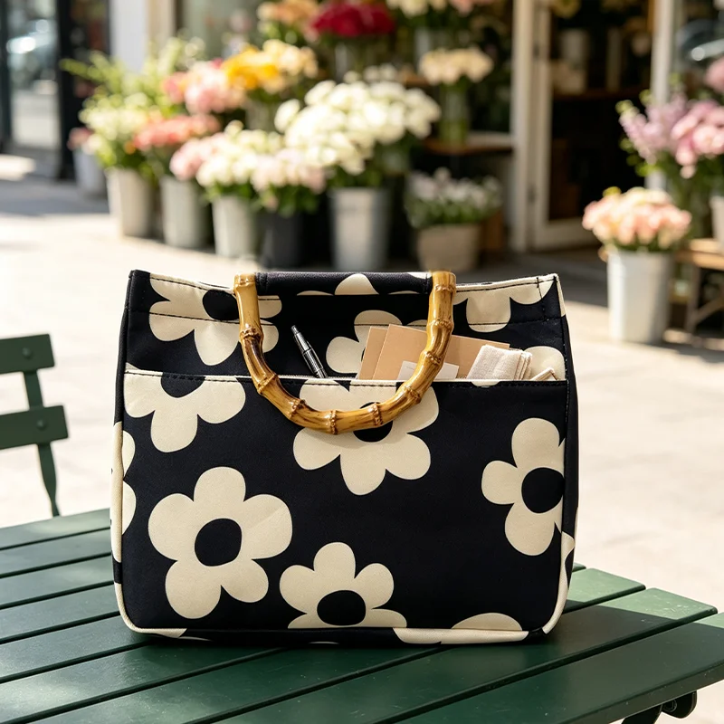 Black and White Floral Print Faux Bamboo Handle Women's Tote Bag, Black Background with off-white Floral Pattern Ladies' Handbag