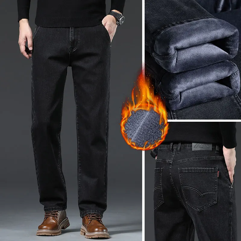 

2024 Winter Fleece-lined Warm Jeans Men's Loose Straight plus Size Fashion Trendy Business Classic Denim Pants