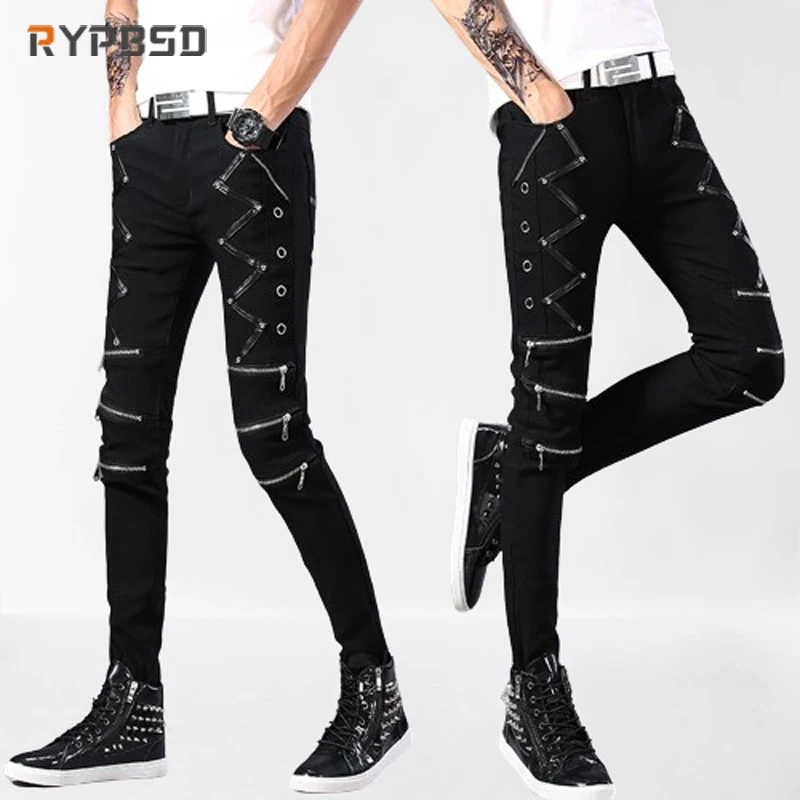 Pantalones vaqueros Punk negros para hombre, moda Coreana de lujo, pantalones pitillo de PU con cremallera de retales, ropa de calle de Hip Hop,