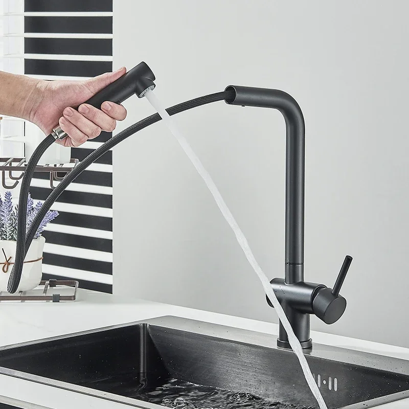 Black Kitchen Faucet Pull Out  Mixer With 2-way Spray 360 Rotation Swivel Water Crane For  Stainless Steel Taps