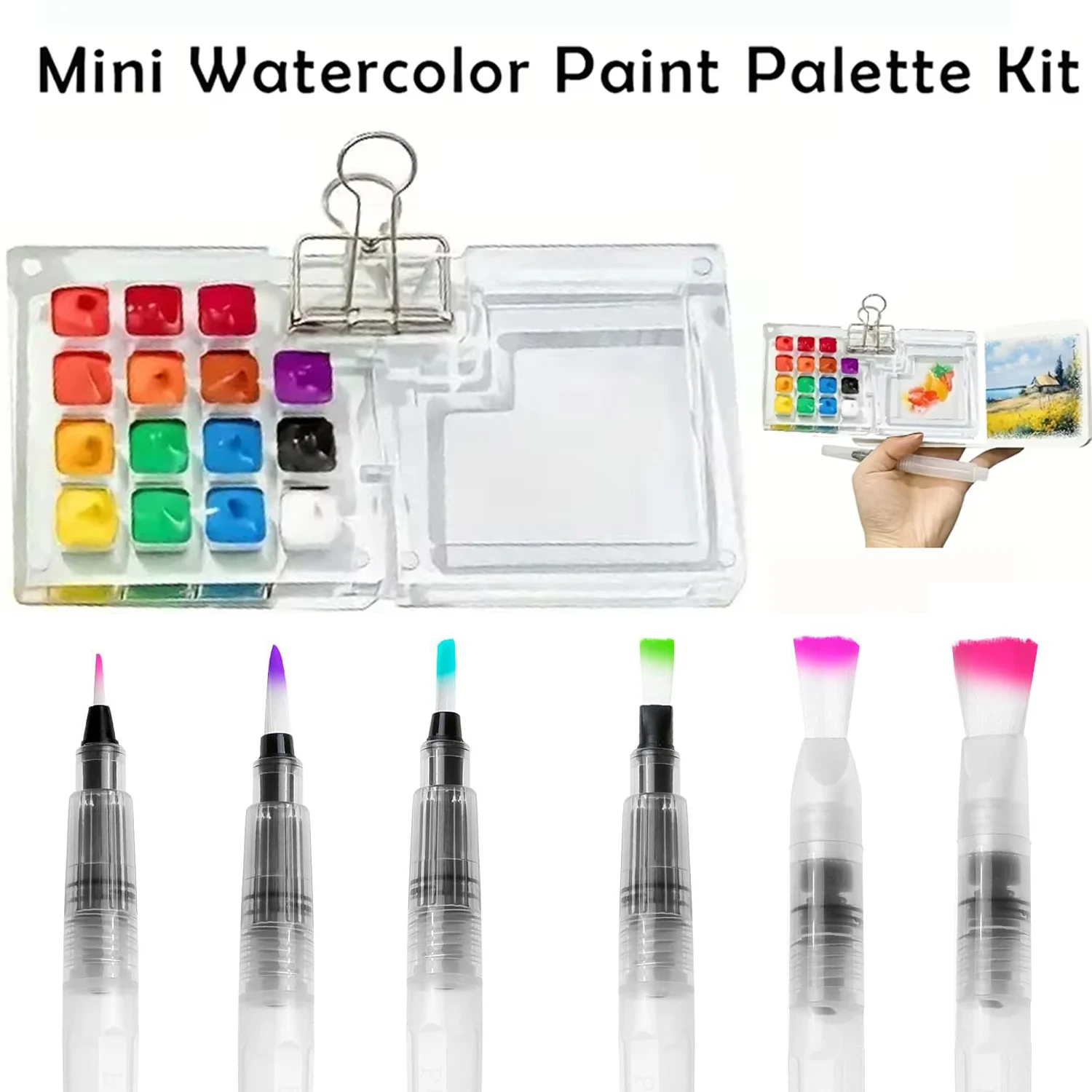 

Mini Portable Glam Style Plastic Travel Watercolor Paint Palette Box Set And 6 Pcs Water Brush Pen,a book and Clip for Artists